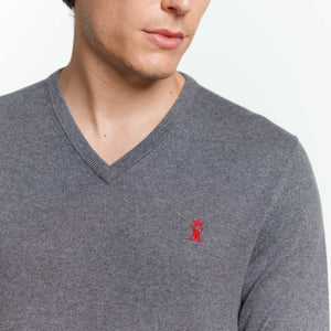 KARL V-neck SWEATER in Cashmere Cotton with elbow patches - Gray - Vicomte A