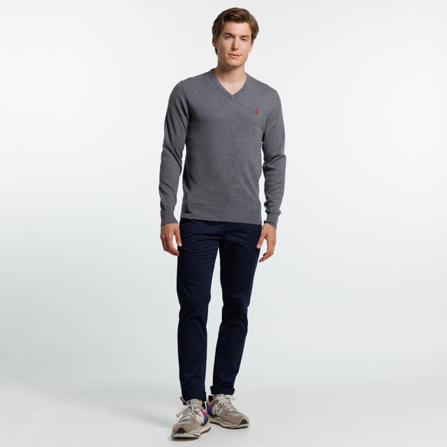 KARL V-neck SWEATER in Cotton Cashmere with elbow patches - Gray - Image principale