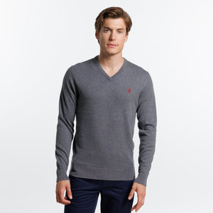 KARL V-neck SWEATER in Cashmere Cotton with elbow patches - Gray - Vicomte A