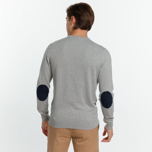 KARL V-neck SWEATER in Cotton Cashmere with elbow patches - Light gray - Viscount A