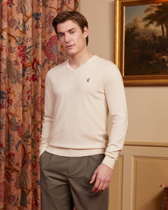 KARL V-neck cotton cashmere sweater with elbow patches - Ivory - Vicomte A