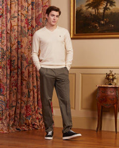 KARL V-neck cotton cashmere sweater with elbow patches - Ivory - Vicomte A