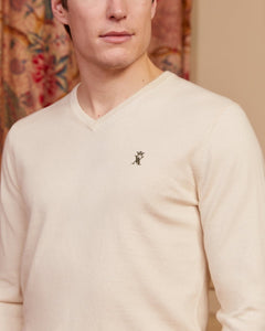 KARL V-neck cotton cashmere sweater with elbow patches - Ivory - Vicomte A