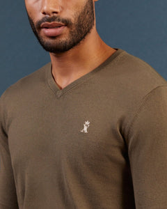 Pull KARL col V en coton cachemire avec coudières - Khaki - Vicomte A