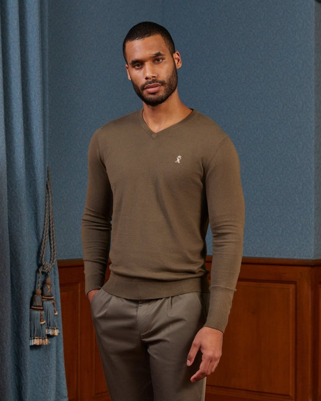 Karl V-neck cashmere cotton sweater with elbows - khaki - Image principale