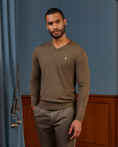 Pull KARL neck V in cashmere cotton with coudiers-Khaki-Vicomte A
