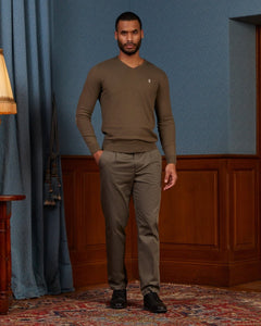Pull KARL neck V in cashmere cotton with coudiers-Khaki-Vicomte A