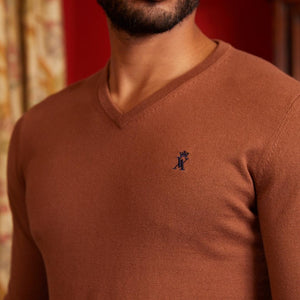 Pull KARL neck V in cashmere cotton with elbow-Marron-Vicomte A