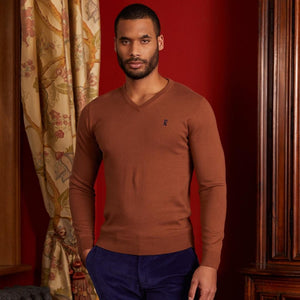 Pull KARL neck V in cashmere cotton with elbow-Marron-Vicomte A