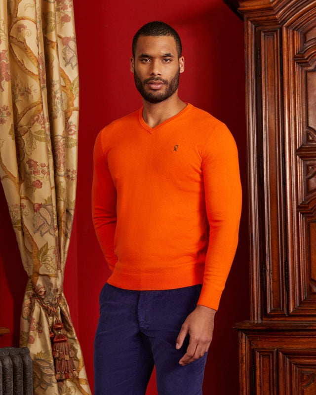 Pull KARL col V in cashmere cotton with elbow-Orange - Image principale