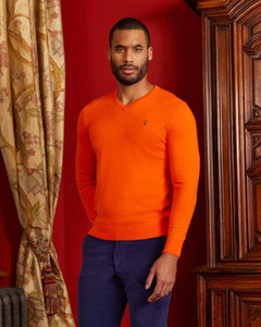 KARL V-neck cotton cashmere sweater with elbow patches - Orange - Vicomte A