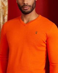 KARL V-neck cotton cashmere sweater with elbow patches - Orange - Vicomte A