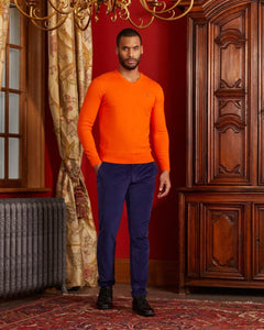 KARL V-neck cotton cashmere sweater with elbow patches - Orange - Vicomte A