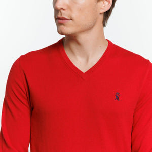 KARL V-neck SWEATER in Cotton Cashmere with elbow patches - Red - Vicomte A