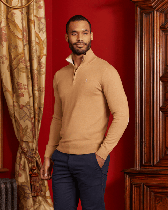 KEATON zipped cotton cashmere sweater with elbow patches - Beige - Image principale