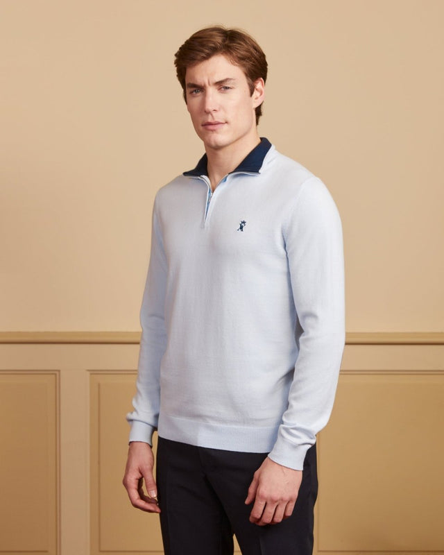 KEATON zipped cotton cashmere sweater with elbow patches - Light blue - Image principale