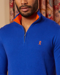 KEATON zipped cotton cashmere sweater with elbow patches - Royal blue - Vicomte A
