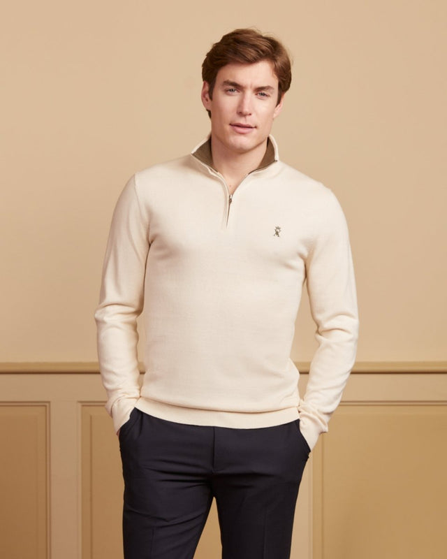 KEATON zipped cotton cashmere sweater with elbow patches - Ivory - Image principale