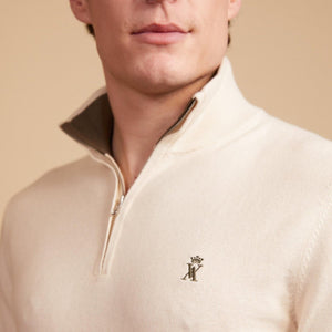 KEATON zipped cotton cashmere sweater with elbow patches - Ivory - Vicomte A