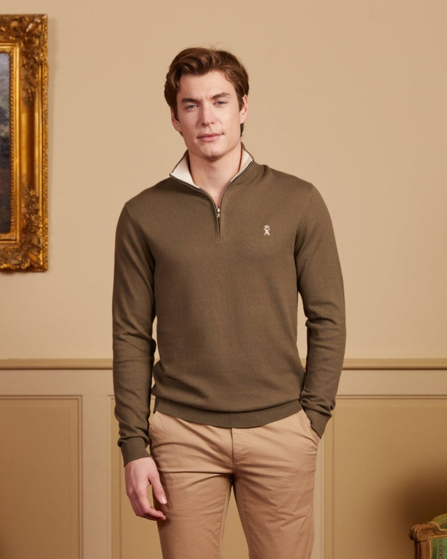 KEATON zipped cotton cashmere sweater with elbow patches - Khaki - Image principale