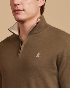 Pull KEATON zippé en coton cachemire avec coudières - Khaki - Vicomte A