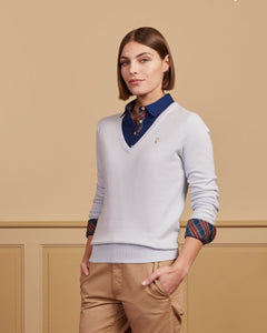 Pull KLARA Col V avec coudières en coton cachemire - Bleu clair - Vicomte A