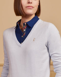 Pull KLARA Col V avec coudières en coton cachemire - Bleu clair - Vicomte A