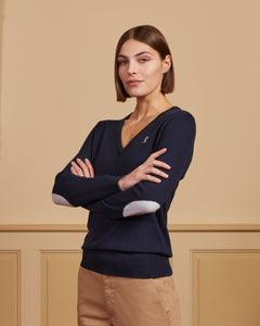 KLARA V-neck sweater with elbow patches in cotton cashmere - Navy blue - Vicomte A