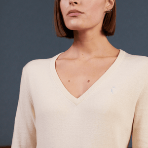 KLARA V-neck sweater with elbow patches in cotton cashmere - Ivory - Vicomte A