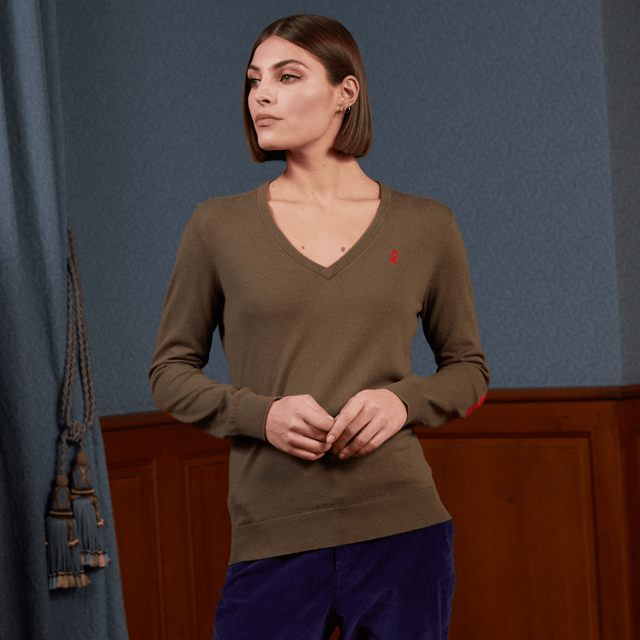 KLARA V-neck sweater with elbow patches in cotton cashmere - Khaki - Image principale