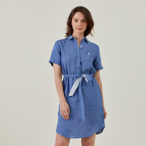RAKELLE Dress in 100% Plain Linen - Blue - Vicomte A
