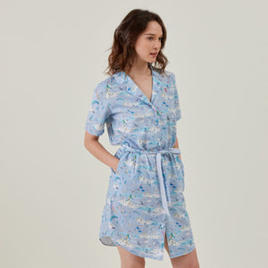 ROSINE Dress in Cotton Linen Seasonal Print - Sky blue - Vicomte A
