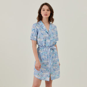 ROSINE Dress in Cotton Linen Seasonal Print - Sky blue - Vicomte A