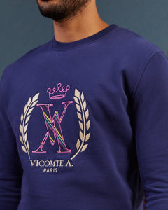 Sweat-shirt SIDNEY 100% coton avec détail VA uni - Bleu nuit - Vicomte A