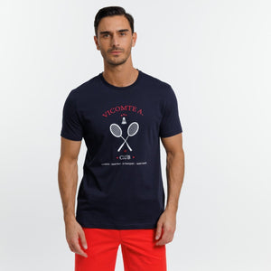 T-shirt TANIS Col rond 100% Coton Print Badminton - Bleu marine - Vicomte A