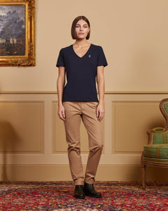 TRISSIA V-neck t-shirt 100% plain cotton - Navy blue - Vicomte A