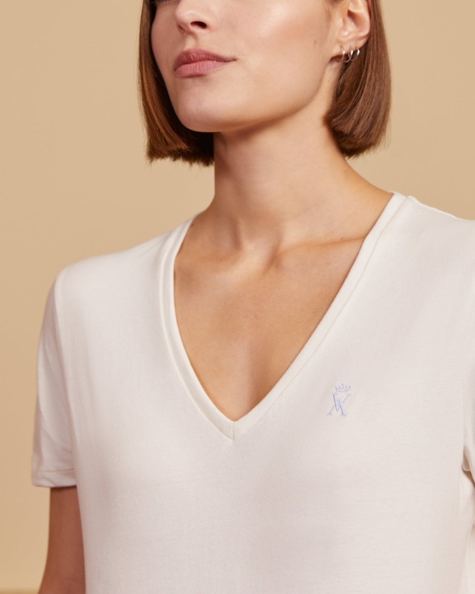 T-shirt TRISSIA col V 100% coton uni - Crème - Vicomte A