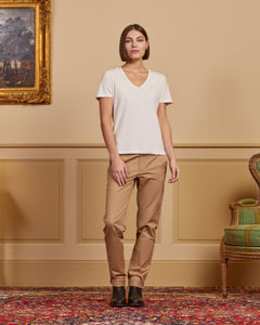 TRISSIA V-neck t-shirt 100% plain cotton - Cream - Vicomte A