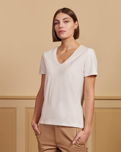 T-shirt TRISSIA col V 100% coton uni - Crème - Vicomte A